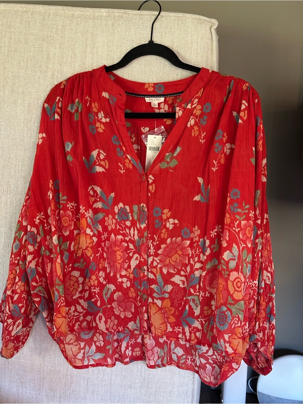NWT// Anthropologie // Pilcro Red Floral Button-Front Peasant Blouse